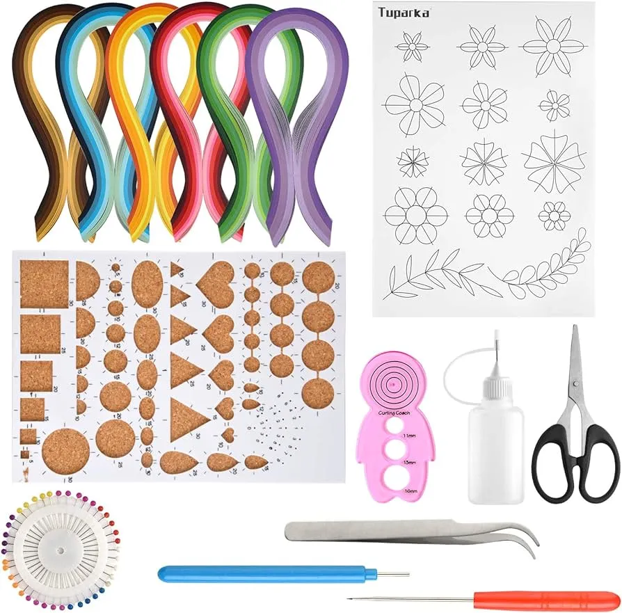 tools used for quilling art: scissors, paper strips, quill tool etc